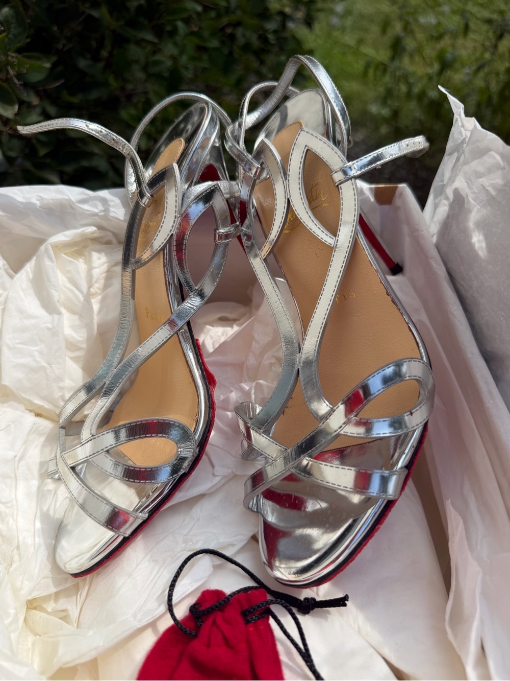Christian Louboutin Silver Strappy High-Heel Sandals with Red Soles